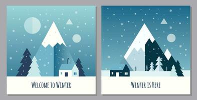 abstrakt platt minimal design landskap uppsättning vektor illustration begrepp av vinter- tema bakgrund med fjäll, träd, Hem, skog mall för affisch design. kall snö falla säsong dag och natt himmel