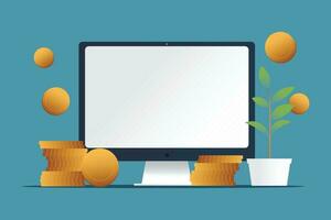 Handel Finanzen Vektor Illustration mit Münzen Computer Pflanze zum online Marketing Wachstum Konzept