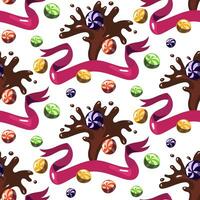 Schokolade Brunnen Muster mit Süßigkeiten und Schleife. das Welt von das Schöpfer von Süßigkeiten mit fiktiv Süßigkeiten. Magie Schokolade. Schokolade und gestreift Karamell, Band mit auf ein Weiß Hintergrund. drucken vektor