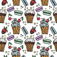ljuv kaka sömlös mönster med desserter . biskvi, muffin, pudding, kaka med körsbär och jordgubb frukt. hand dragen vektor illustration för yta design, textil, tyg, klippbok