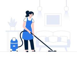 rengöringskoncept med kvinna som dammsuger golv med dammsugare vektor