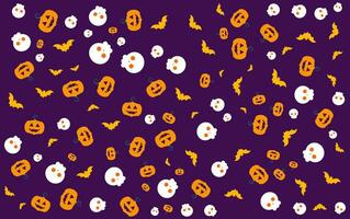 halloween pumpor och fladdermöss på lila bakgrund vektor