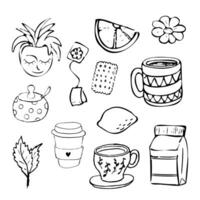 einstellen Tee und Kaffee mit Tassen, Minze, Kamille, Zitrone und Milch im Gekritzel Stil isoliert auf Weiß Hintergrund. Vektor Illustration