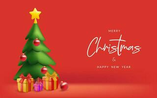 3d jul baner med en festlig tall träd, presenterar, och dekorationer. Lycklig Semester illustration i en realistisk design. perfekt för kort, täcker, och flygblad. inte ai genererad. vektor