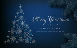 glad jul Lycklig ny år baner med en blå tema, lyxig och realistisk design. realistisk tall, kon form med glitter lampor snöflinga element, inte ai genererad. vektor