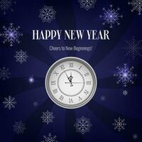realistisch Blau glücklich Neu Jahr Banner, mit ein Uhr und Schneeflocken. Gold und Weihnachten thematisch Dekorationen. geeignet zum Einladungen, Grüße, und Veranstaltung Werbeaktionen. nicht ai generiert. vektor