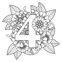 Nummer 4 mit Mehndi-Blume. dekoratives Ornament im ethnischen Orient. vektor