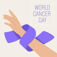 värld cancer dag.hand med lila ribbon.cancer medvetenhet band vektor