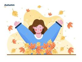 vektor platt illustration av en flicka på hösten som har kul med löv