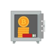 sicher mit Bitcoin Münzen und Blitz fährt. Bitcoin Geld im Geschäft sicher, Münze virtuell Finanzen, Vektor Illustration