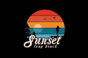 Sonnenuntergang langer Strand, Retro-Vintage-Stil-Handzeichnungsillustration vektor