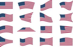 uppsättning av annorlunda amerikan flaggor i annorlunda poserar. USA flagga vektor illustration.