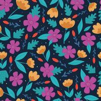 Blumen- nahtlos Muster mit abstrakt Blumen und Blätter auf dunkel Blau Hintergrund zum Hintergrund, Kindergarten Textil- Drucke, Scrapbooking, Hintergründe, Verpackung Papier, usw. eps 10 vektor