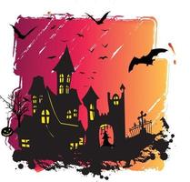spökhus halloween läskig illustration t -shirt design med pumpor katt och fladdermöss vektor