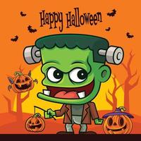 Cartoon grünes Monster mit Kürbislaterne mit Fliegenfledermäusen auf gruseligem Halloween-Hintergrund vektor