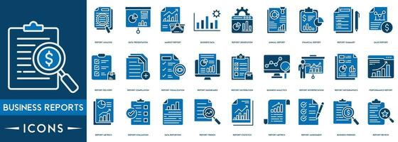 Geschäft Berichte Symbole verbunden zu Analyse, Infografik, Analytik. editierbar Schlaganfall. Vektor Illustration.