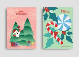 uppsättning av säsong- inbjudan kort, jul träd, tomte, och godis på färgrik bakgrunder, vektor illustration begrepp för grafisk och webb design, social media banderoller, och marknadsföring material.