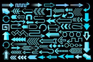 hög tech pil uppsättning. samling av blå pilar för teknologisk, futuristisk, vetenskaplig mönster. pekare, markör, navigations och riktnings pil ikoner. vektor