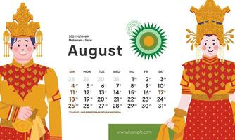 August 2024 Kalender mit Indonesien National Urlaub Landschaft Vorlage Layout editierbar Text vektor