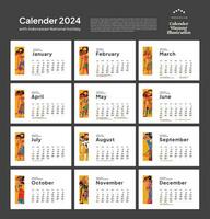 årlig kalender 2024 med indonesien nationell Semester landskap mall layout redigerbar text vektor