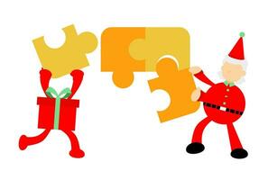 jul röd låda och santa claus spela pussel tecknad serie klotter platt design stil vektor illustration