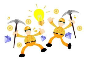 Lycklig gruvarbetare arbetstagare man diamant lampa ljus Glödlampa tecknad serie klotter platt design stil vektor illustration