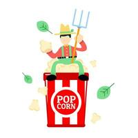 Farmer Mann Landwirtschaft und Popcorn Snack Eimer Karikatur Gekritzel eben Design Stil Vektor Illustration