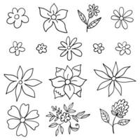 Gekritzel Blumen Satz. Hand gezeichnet süß dünn Linie Blumen- Tinte Elemente Sammlung isoliert auf Weiß. Blumen- Köpfe, Blütenblätter, Kamille, Gänseblümchen Symbole. vektor