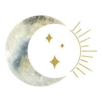 halvmåne måne och Sol. esoterisk tecken och symboler. vattenfärg illustrationer på de ämne av astrologi och esoterism. isolerat. minimalistisk illustration för design, skriva ut, tyg eller bakgrund. vektor