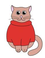 Karikatur braun Katze Charakter. süß Kätzchen mit rot Pullover. Vektor eben Illustration.