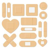 först hjälpa band plåster remsa medicinsk lappa ikon uppsättning. annorlunda plåster typer. bandage elastisk medicinsk plåster vektor uppsättning. illustration av medicinsk plåster.