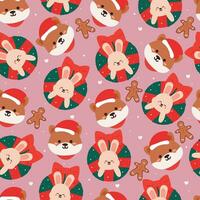 sömlös mönster tecknad serie jul blomma krans med kanin, valp, pepparkaka och Tillbehör. söt jul tapet för gåva slå in papper vektor