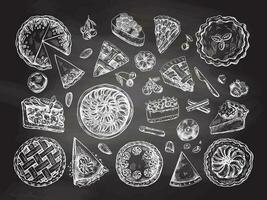 ritad för hand årgång uppsättning av traditionell kakor, tårtor och pajer skiss på svarta tavlan bakgrund. topp se. vektor samling av bläck bakning illustration. mat för tacksägelse, jul.