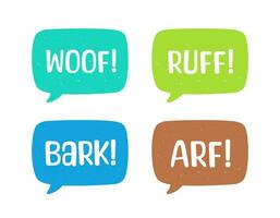 hund bark djur- ljud effekt text i en Tal bubbla ballong ClipArt uppsättning. söt tecknad serie onomatopoeia serier och text. vektor