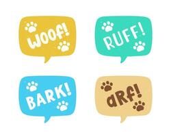 hund bark djur- ljud effekt text i en Tal bubbla ballong ClipArt uppsättning. söt tecknad serie onomatopoeia serier och text. vektor