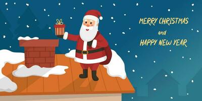 Weihnachten Banner mit Santa claus mit Tasche liefert Geschenke auf das Dach mit Kamin und Text fröhlich Weihnachten. eben Karikatur Vektor Illustration.