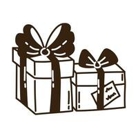 isolerat hand dragen klotter två gåva lådor med pilbågar. platt vektor illustration på vit bakgrund. ny år, glad jul. för kort, inbjudan, affisch, baner.