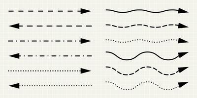 en uppsättning av hetero tunn svart pilar av annorlunda former. minimalistisk prickad tecken, lekfull rader isolerat på anteckningsbok ark bakgrund. vektor