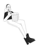 blond caucasian kvinna äter popcorn svart och vit 2d linje tecknad serie karaktär. tittar på film i bio flicka isolerat vektor översikt person. underhållning visa enfärgad platt fläck illustration