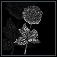 svartvit ro blomma mandala konst isolerat på svart bakgrund. vektor