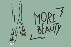 Vektor Karikatur Mode Banner mit Inschrift Mehr Schönheit. Frauen Beine im modisch hoch Hacke Sandalen. Schuh Werbung Poster Vorlage.