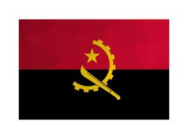 Vektor isoliert Illustration. National Angolan Flagge mit Bands von Rot, schwarz und Gelb Hälfte Ausrüstung Rad, Machete, Stern. offiziell Symbol von Angola. kreativ Design im niedrig poly Stil, dreieckig Formen