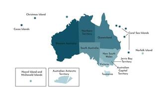 vektor isolerat illustration av förenklad administrativ Karta av Australien. gränser och namn av de regioner. färgrik blå kaki silhuetter.