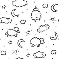 klotter sömnig natt mönster med får, måne, moln, stjärnor. söt bebis sömlös bakgrund, textur för textil, baner, kläder vektor