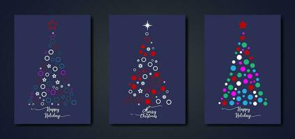 uppsättning blå kort av glad jul och Lycklig Semester, hälsning kort, affischer, ny år täcker. design mallar med typografi, säsong lyckönskningar i färgrik minimalistisk stil för webb, social media, skriva ut vektor