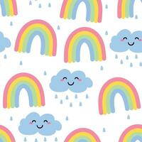 nahtlos Muster mit Wolken, süß Karikatur Regenbogen, zum Stoff Drucke, Textilien, Geschenk Verpackung Papier. bunt Vektor zum Kinder, eben Stil