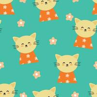 sömlös mönster med söt tecknad serie katter bär orange kläder, för tyg grafik, textilier, gåva omslag papper. färgrik vektor för barn, platt stil