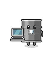 Maskottchen Illustration eines Ölfasses mit einem Laptop vektor