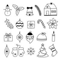 hand dragen jul ikoner isolerat på svart bakgrund. vektor ikoner av jul träd, gåva låda, järnek, godis, vantar, jul strumpa, samlade in i uppsättning. illustration i klotter stil.