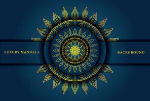 Gold, Einladung, Karte, Design Luxus Mandala auf Blau Hintergrund. Vektor Illustration zum Ihre Design. Luxus Hintergrund mit Zier Mandala. Vektor Illustration.